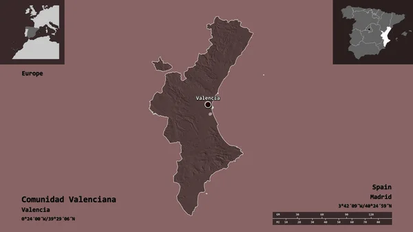 歴史の形バレンシア スペインの自治体 その首都 距離スケール プレビューおよびラベル 色の標高マップ 3Dレンダリング — ストック写真