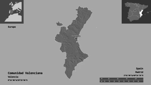 歴史の形バレンシア スペインの自治体 その首都 距離スケール プレビューおよびラベル 標高マップ 3Dレンダリング — ストック写真