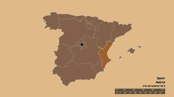 主要な地域部門と分離された歴史的バレンシア地域とスペインの荒廃した形 ラベル パターン化されたテクスチャの構成 3Dレンダリング — ストック写真