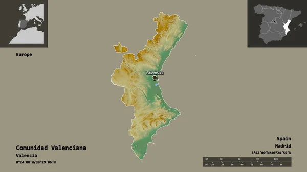 歴史の形バレンシア スペインの自治体 その首都 距離スケール プレビューおよびラベル 地形図 3Dレンダリング — ストック写真