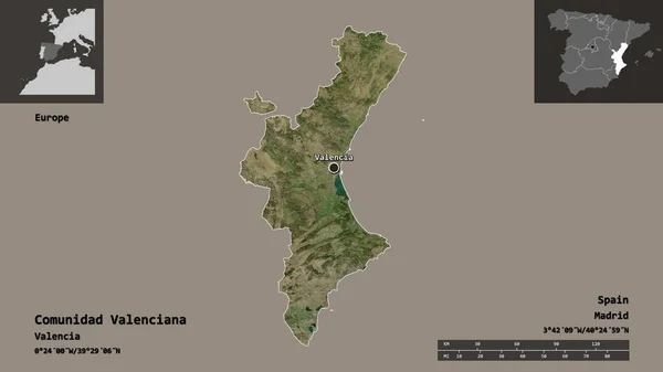 歴史の形バレンシア スペインの自治体 その首都 距離スケール プレビューおよびラベル 衛星画像 3Dレンダリング — ストック写真