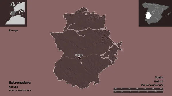 エクストレマドゥーラ州 スペインの自治体 およびその首都の形 距離スケール プレビューおよびラベル 色の標高マップ 3Dレンダリング — ストック写真