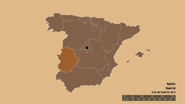 主要な地域部門と分離されたエストレマドゥーラ地域とスペインの荒廃した形 ラベル パターン化されたテクスチャの構成 3Dレンダリング — ストック写真