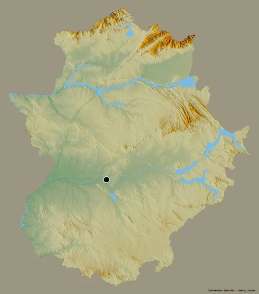 エストレマドゥーラの形 スペインの自治体 その首都は 固体色の背景に隔離されました 地形図 3Dレンダリング — ストック写真