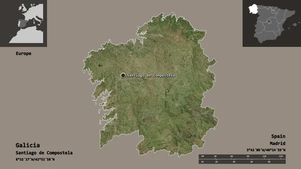ガリシアの形 スペインの自治体 その首都 距離スケール プレビューおよびラベル 衛星画像 3Dレンダリング — ストック写真