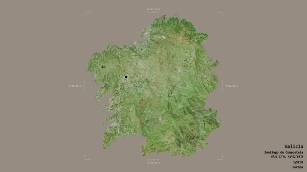 スペインの自治共同体であるガリツィアの地域は 洗練された境界線の箱の中にしっかりとした背景に隔離されています ラベル 衛星画像 3Dレンダリング — ストック写真
