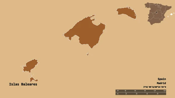 西班牙自治区巴利亚斯群岛的形状 其首都在坚实的背景下与世隔绝 距离尺度 区域预览和标签 图形纹理的组成 3D渲染 — 图库照片