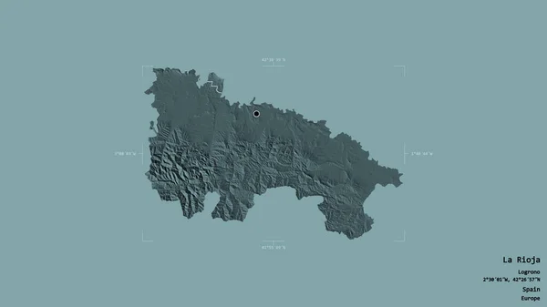 Area of La Rioja, autonomous community of Spain, isolated on a solid background in a georeferenced bounding box. Labels. Colored elevation map. 3D rendering