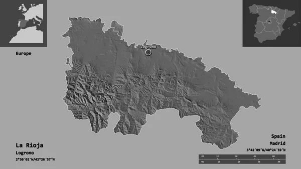 リオハ スペインの自治体とその首都の形 距離スケール プレビューおよびラベル 標高マップ 3Dレンダリング — ストック写真
