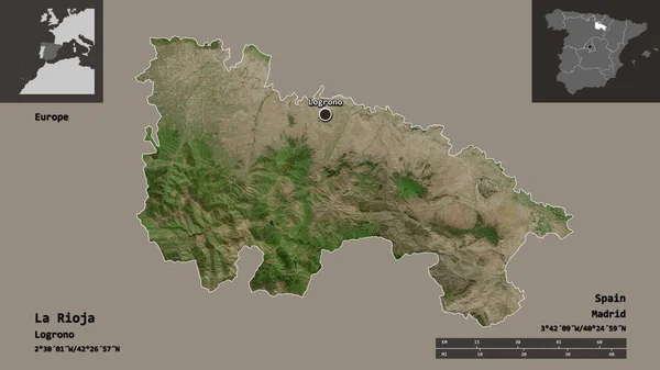 Rioja的形状 西班牙的自治社区及其首都 距离刻度 预览和标签 卫星图像 3D渲染 — 图库照片