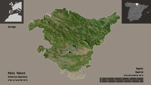スペインの自治体であるパイス ヴァスコとその首都の形 距離スケール プレビューおよびラベル 衛星画像 3Dレンダリング — ストック写真