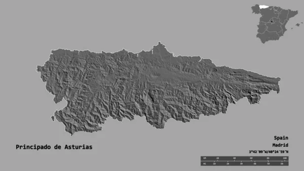 阿斯图里亚斯亲王的形状 西班牙自治区 其首都孤立在坚实的背景下 距离尺度 区域预览和标签 Bilevel高程图 3D渲染 — 图库照片