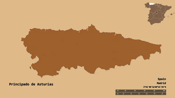 スペインの自治体であるプリンシパド アストゥリアスの形で その首都はしっかりとした背景に孤立しています 距離スケール リージョンプレビュー およびラベル パターン化されたテクスチャの構成 3Dレンダリング — ストック写真