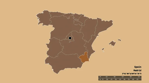 主要な地域部門と分離された地域デ ムルシア地域とスペインの荒廃した形 ラベル パターン化されたテクスチャの構成 3Dレンダリング — ストック写真
