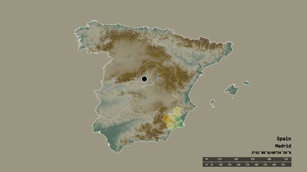 主要な地域部門と分離された地域デ ムルシア地域とスペインの荒廃した形 ラベル 地形図 3Dレンダリング — ストック写真