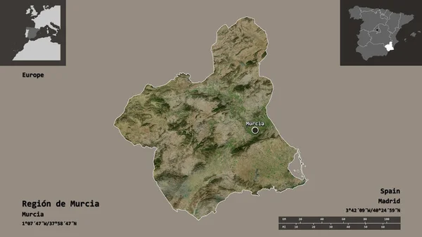 地域の形デ ムルシア スペインの自治体 およびその首都 距離スケール プレビューおよびラベル 衛星画像 3Dレンダリング — ストック写真