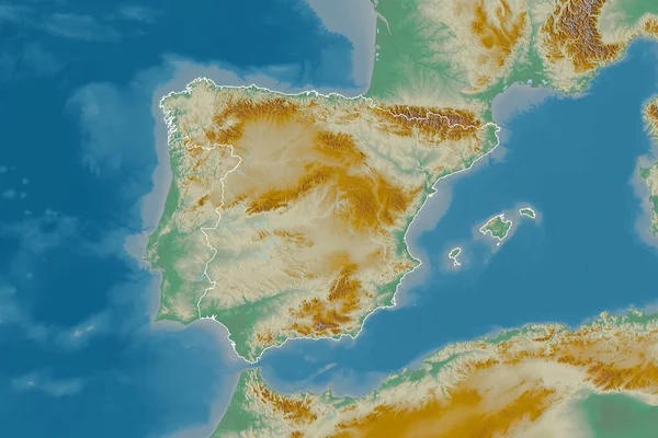 Área Alargada Espanha Delineada Mapa Topográfico Relevo Renderização — Fotografia de Stock