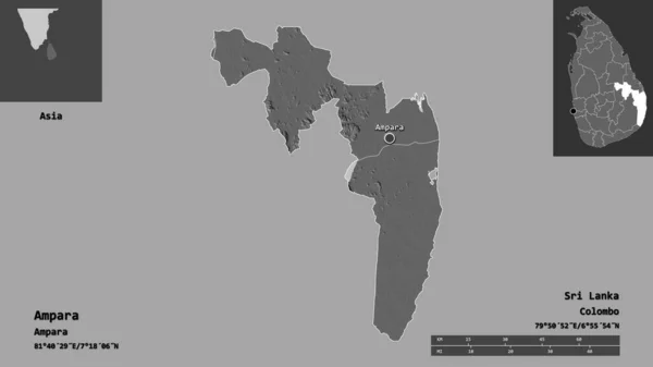 アンパラの形 スリランカの地区 およびその首都 距離スケール プレビューおよびラベル 標高マップ 3Dレンダリング — ストック写真