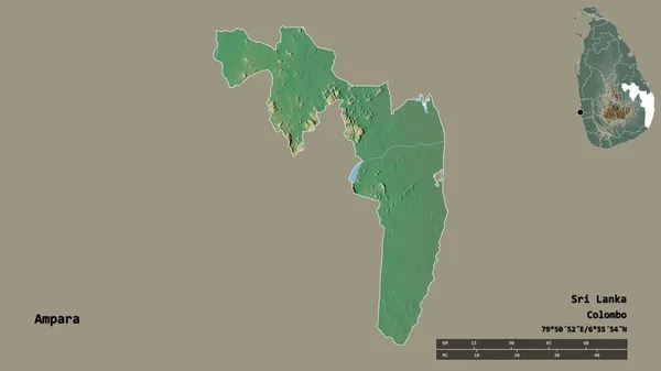 スリランカの首都アンパラの形は しっかりとした背景に隔離されています 距離スケール リージョンプレビュー およびラベル 地形図 3Dレンダリング — ストック写真