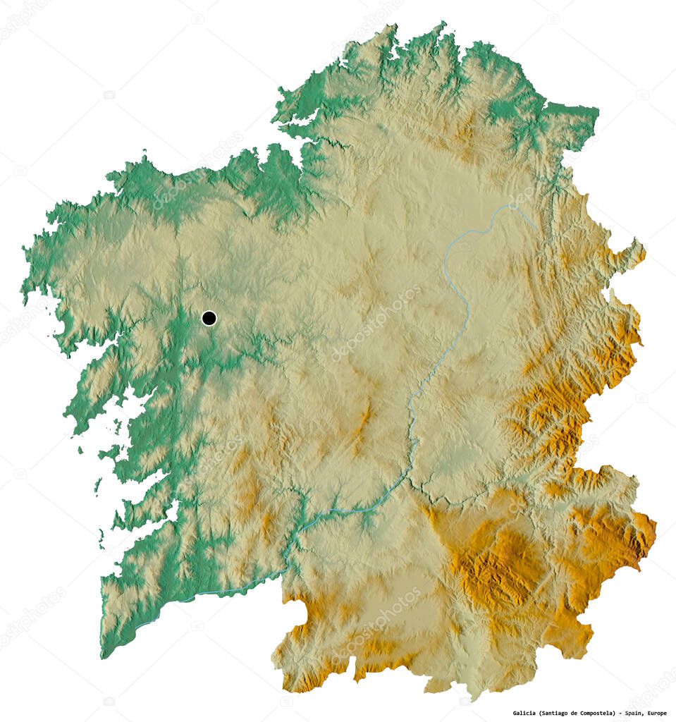 Shape of Galicia, autonomous community of Spain, with its capital isolated on white background. Topographic relief map. 3D rendering