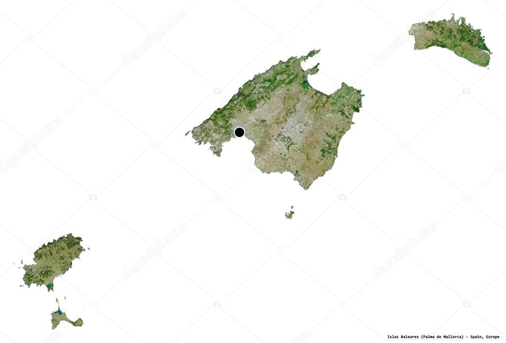 Shape of Islas Baleares, autonomous community of Spain, with its capital isolated on white background. Satellite imagery. 3D rendering