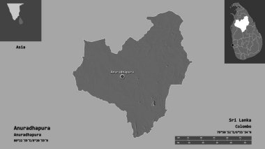 Anuradhapura 'nın şekli, Sri Lanka ilçesi ve başkenti. Uzaklık ölçeği, ön gösterimler ve etiketler. Çift seviyeli yükseklik haritası. 3B görüntüleme