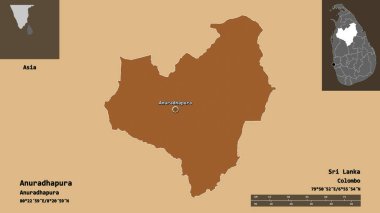 Anuradhapura 'nın şekli, Sri Lanka ilçesi ve başkenti. Uzaklık ölçeği, ön gösterimler ve etiketler. Desenli dokuların bileşimi. 3B görüntüleme