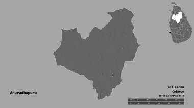 Sri Lanka 'nın Anuradhapura ilçesi, başkenti sağlam arka planda izole edilmiştir. Uzaklık ölçeği, bölge önizlemesi ve etiketleri. Çift seviyeli yükseklik haritası. 3B görüntüleme