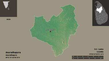 Anuradhapura 'nın şekli, Sri Lanka ilçesi ve başkenti. Uzaklık ölçeği, ön gösterimler ve etiketler. Topografik yardım haritası. 3B görüntüleme