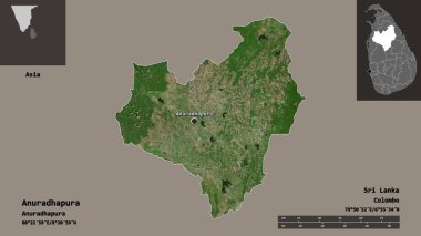 Anuradhapura 'nın şekli, Sri Lanka ilçesi ve başkenti. Uzaklık ölçeği, ön gösterimler ve etiketler. Uydu görüntüleri. 3B görüntüleme