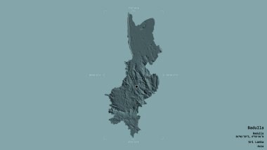 Badulla bölgesi, Sri Lanka bölgesi, jeoreferatlı bir sınır kutusunda sağlam bir arka planda izole edilmiş. Etiketler. Renkli yükseklik haritası. 3B görüntüleme