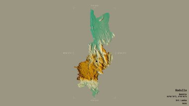 Badulla bölgesi, Sri Lanka bölgesi, jeoreferatlı bir sınır kutusunda sağlam bir arka planda izole edilmiş. Etiketler. Topografik yardım haritası. 3B görüntüleme