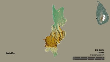 Sri Lanka 'nın Badulla ilçesi, başkenti sağlam arka planda izole edilmiştir. Uzaklık ölçeği, bölge önizlemesi ve etiketleri. Topografik yardım haritası. 3B görüntüleme