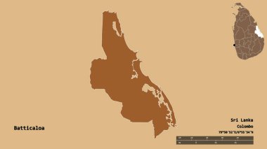 Sri Lanka 'nın Batticaloa ilçesi, başkenti sağlam arka planda izole edilmiş. Uzaklık ölçeği, bölge önizlemesi ve etiketleri. Desenli dokuların bileşimi. 3B görüntüleme