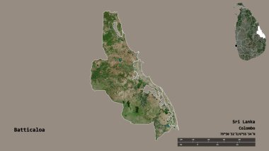 Sri Lanka 'nın Batticaloa ilçesi, başkenti sağlam arka planda izole edilmiş. Uzaklık ölçeği, bölge önizlemesi ve etiketleri. Uydu görüntüleri. 3B görüntüleme
