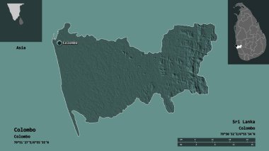 Colombo 'nun şekli, Sri Lanka bölgesi ve başkenti. Uzaklık ölçeği, ön gösterimler ve etiketler. Renkli yükseklik haritası. 3B görüntüleme