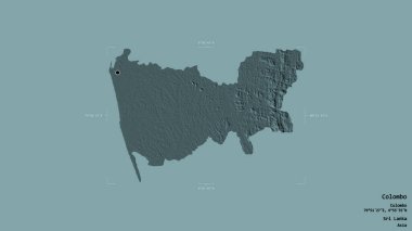Sri Lanka 'nın Sri Lanka bölgesindeki Colombo bölgesi, jeoreferatlı bir sınır kutusunun sağlam bir arka planında izole edilmiş. Etiketler. Renkli yükseklik haritası. 3B görüntüleme