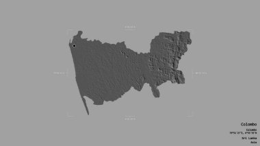 Sri Lanka 'nın Sri Lanka bölgesindeki Colombo bölgesi, jeoreferatlı bir sınır kutusunun sağlam bir arka planında izole edilmiş. Etiketler. Çift seviyeli yükseklik haritası. 3B görüntüleme