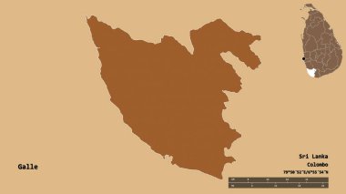 Sri Lanka 'nın Galle ilçesi, başkenti katı bir zemin ile izole edilmiştir. Uzaklık ölçeği, bölge önizlemesi ve etiketleri. Desenli dokuların bileşimi. 3B görüntüleme