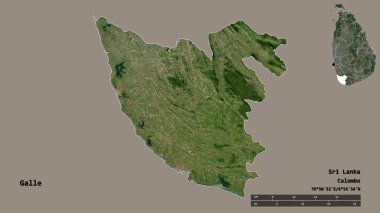 Sri Lanka 'nın Galle ilçesi, başkenti katı bir zemin ile izole edilmiştir. Uzaklık ölçeği, bölge önizlemesi ve etiketleri. Uydu görüntüleri. 3B görüntüleme