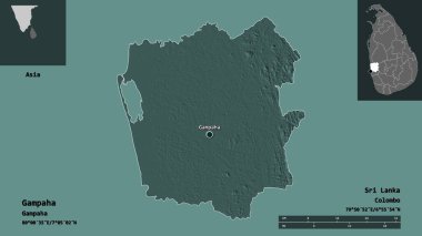 Gampaha 'nın şekli, Sri Lanka bölgesi ve başkenti. Uzaklık ölçeği, ön gösterimler ve etiketler. Renkli yükseklik haritası. 3B görüntüleme