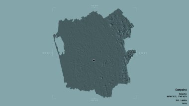 Gampaha bölgesi, Sri Lanka bölgesi, jeoreferatlı bir sınır kutusunda sağlam bir arka planda izole edilmiş. Etiketler. Renkli yükseklik haritası. 3B görüntüleme