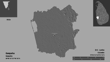 Gampaha 'nın şekli, Sri Lanka bölgesi ve başkenti. Uzaklık ölçeği, ön gösterimler ve etiketler. Çift seviyeli yükseklik haritası. 3B görüntüleme