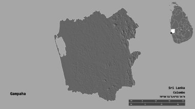 Gampaha 'nın şekli, Sri Lanka bölgesi, başkenti sağlam bir zemin üzerinde izole edilmiş. Uzaklık ölçeği, bölge önizlemesi ve etiketleri. Çift seviyeli yükseklik haritası. 3B görüntüleme
