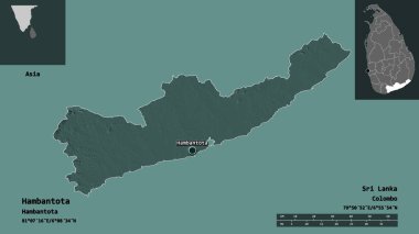 Hambantota 'nın şekli, Sri Lanka ilçesi ve başkenti. Uzaklık ölçeği, ön gösterimler ve etiketler. Renkli yükseklik haritası. 3B görüntüleme