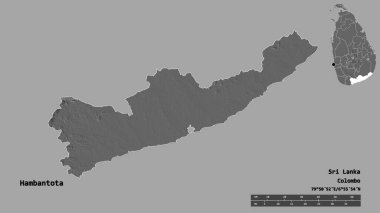 Sri Lanka 'nın Hambantota ilçesi, başkenti sağlam arka planda izole edilmiştir. Uzaklık ölçeği, bölge önizlemesi ve etiketleri. Çift seviyeli yükseklik haritası. 3B görüntüleme
