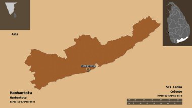 Hambantota 'nın şekli, Sri Lanka ilçesi ve başkenti. Uzaklık ölçeği, ön gösterimler ve etiketler. Desenli dokuların bileşimi. 3B görüntüleme