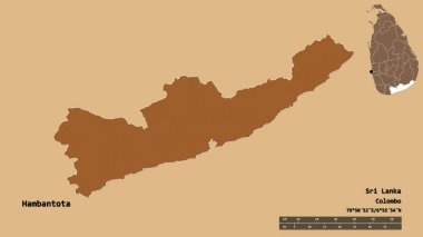 Sri Lanka 'nın Hambantota ilçesi, başkenti sağlam arka planda izole edilmiştir. Uzaklık ölçeği, bölge önizlemesi ve etiketleri. Desenli dokuların bileşimi. 3B görüntüleme