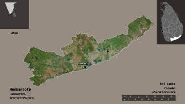 Hambantota 'nın şekli, Sri Lanka ilçesi ve başkenti. Uzaklık ölçeği, ön gösterimler ve etiketler. Uydu görüntüleri. 3B görüntüleme