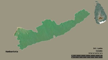 Sri Lanka 'nın Hambantota ilçesi, başkenti sağlam arka planda izole edilmiştir. Uzaklık ölçeği, bölge önizlemesi ve etiketleri. Topografik yardım haritası. 3B görüntüleme